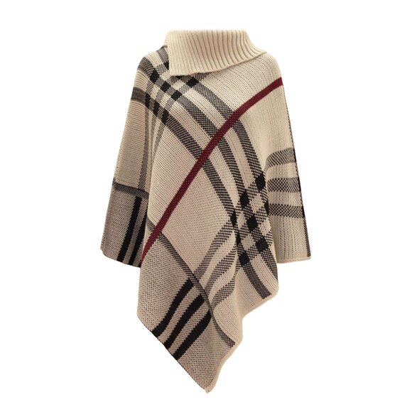 Womens Checked Winter Tartan Red Band Wrap Knitted Ponchos 9639